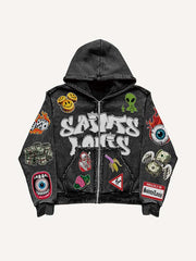 Smiley Face&Alien&Skeleton&Money&Wing&Eyeball&Letter&Graphic Faux Decal Print Zip Up Hooded Coat