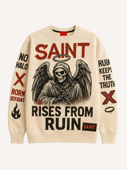 New printed crewneck sweatshirt that looks like a devil but is actually an angel