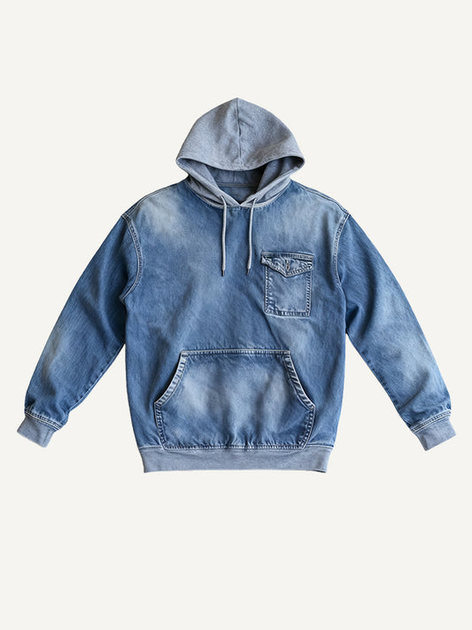 Washed denim lightweight breathable hooded sweatshirt