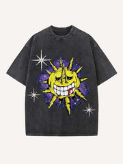 Distressed Washed Evil Sun&Moon&Cloud&Graphic Print Round Neck T-shirt