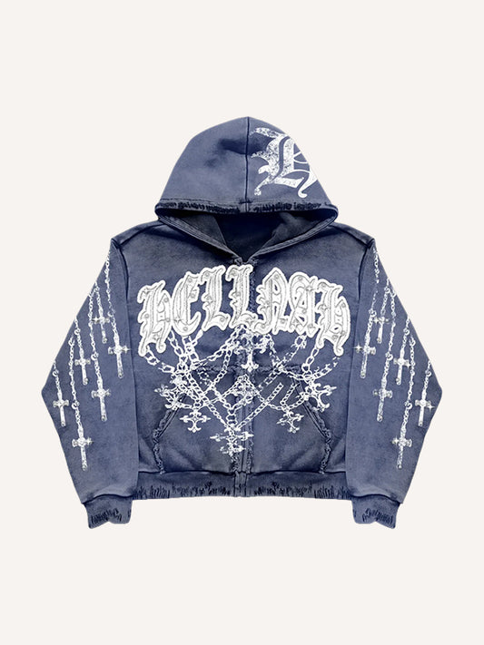 Washed distressed hooded cross sweatshirt