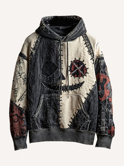 Distressed Retro Halloween Horror Human Leather Mask Colorblock Sweatshirt