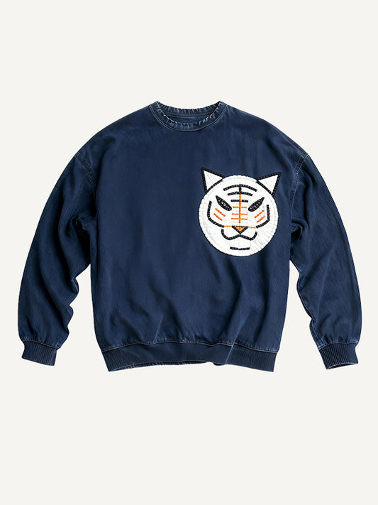 Sashiko tiger pattern washed denim fashion sweatshirt