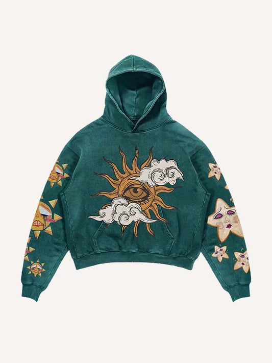 Sad Sun&Eye&Cloud&Graphic Print Slant Pockets Hoodie