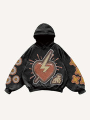 Heart Graphic Letter Faux Decal Print Slant Pockets Hoodie
