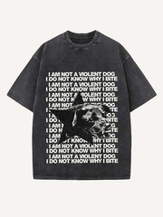 Distressed Washed Dog&Letter Print Round Neck T-shirt