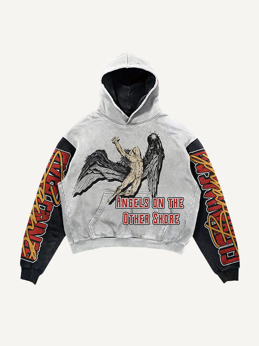 Colorblock Figure&Wing&Letter Print Slant Pockets Hoodie