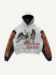 Colorblock Figure&Wing&Letter Print Slant Pockets Hoodie