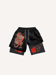 Fake Two Pieces Tiger&Floral Print Drawstring Waist Shorts