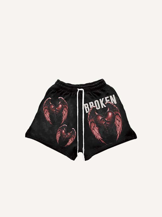 Heartbreak&Wing&Letter Print Drawstring Waist Shorts