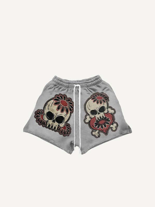 Skull Floral Heart Print Drawstring Waist Shorts