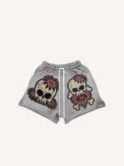 Skull Floral Heart Print Drawstring Waist Shorts