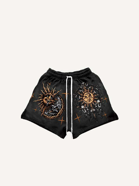 Evil Sun&Moon&Graphic Print Drawstring Waist Shorts