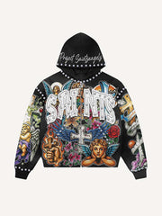 Angel&Cross&Wing&Floral&Graphic&Letter Faux Decal Print Zip Up Hooded Coat