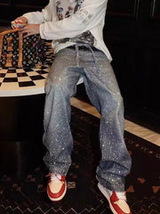 Denim Distressed Belt Diamond Decorated Jeans