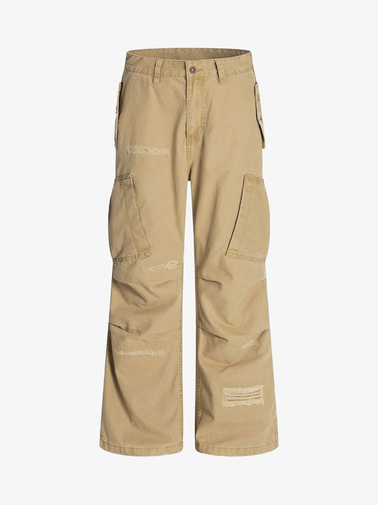 Cotton Hole Patch Pleated Multi-Pocket Cargo Casual Pants