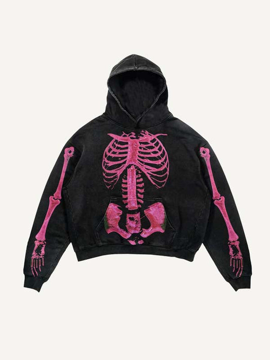 Skeleton Print Slant Pockets Hoodie