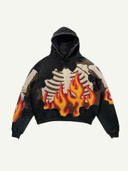 Fire&Skeleton Faux Decal Print Slant Pockets Hoodie
