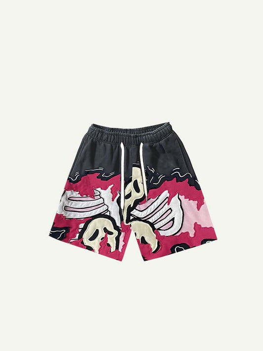 Abstract Colorblock Skull Faux Decal Print Drawstring Waist Shorts