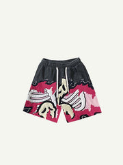 Abstract Colorblock Skull Faux Decal Print Drawstring Waist Shorts