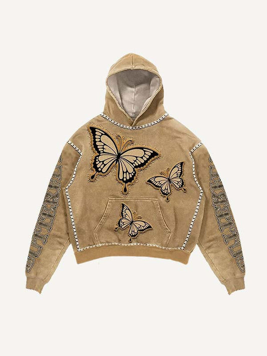 Butterfly&Letter Faux Decal Print Slant Pockets Hoodie