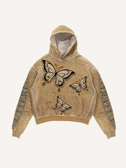 Butterfly&Letter Faux Decal Print Slant Pockets Hoodie
