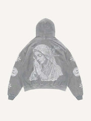 Mary&Letter Pray Faux Rhinestones Print Slant Pockets Hoodie