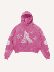 Mary&Letter Pray Faux Rhinestones Print Slant Pockets Hoodie