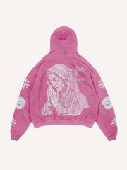 Mary&Letter Pray Faux Rhinestones Print Slant Pockets Hoodie