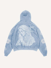 Mary&Letter Pray Faux Rhinestones Print Slant Pockets Hoodie