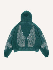 Skull&Wing&Cross Faux Rhinestones Print Slant Pockets Hoodie