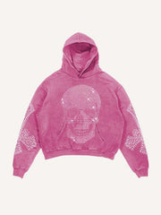 Skull&Wing&Cross Faux Rhinestones Print Slant Pockets Hoodie
