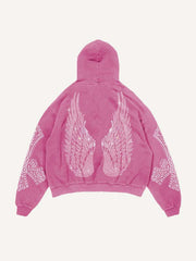 Skull&Wing&Cross Faux Rhinestones Print Slant Pockets Hoodie