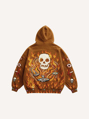 Passionate Classic Skull Print Maple Leaf Burning Y2K Hoodie