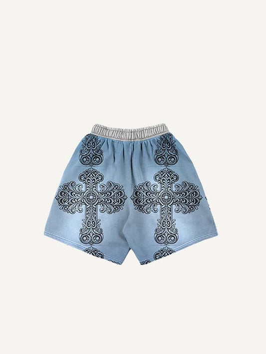 Cross Print Drawstring Waist Shorts