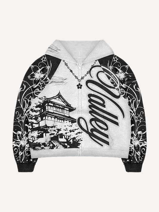 Hand-painted floral zip-up sweatshirt