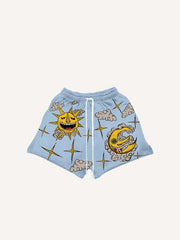 Evil Moon&Sun&Star&Cloud Print Drawstring Waist Shorts