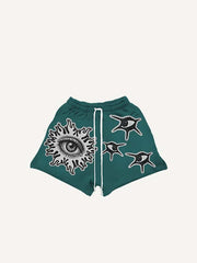 Eye Faux Decal Print Drawstring Waist Shorts