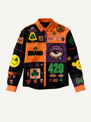 Stylish Christmas season-appropriate long-sleeved shirt with a patchwork print of various patterns