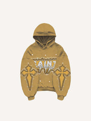 Cross Wing Letter Faux Decal Print Slant Pockets Hoodie