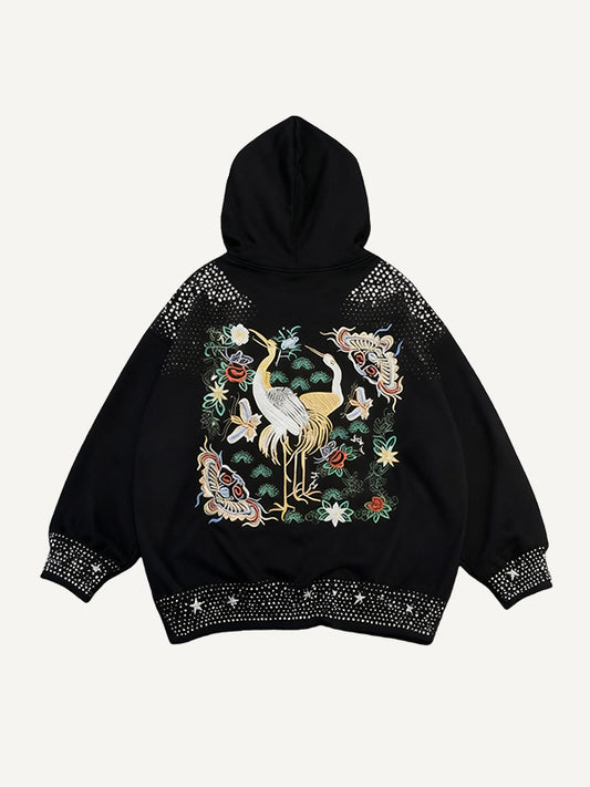 Rhinestone Embroidered Handsome Hooded Chinese Style Sweatshirt