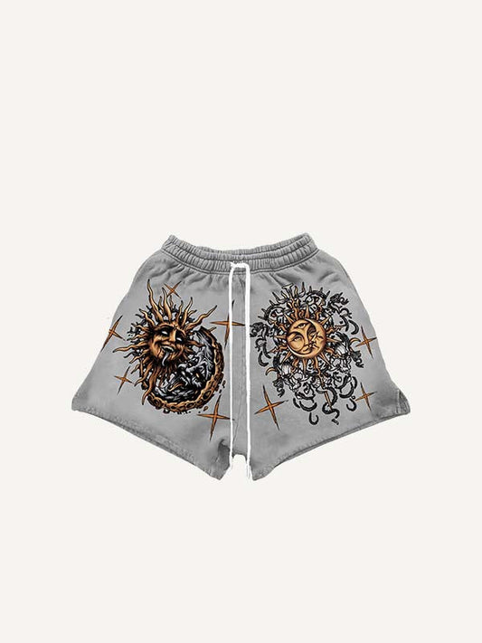 Shorts mit Kordelzug in der Taille und bösem Sonnen- und Mond-Grafikdruck