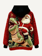 Santa Claus might be riding a dinosaur-print sweatshirt