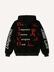 Do not touch the dangerous woman is red lips - Corduroy print hooded sweatshirt