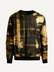 Stylish plaid crew neck sweatshirt with dazzling gold splatter pattern