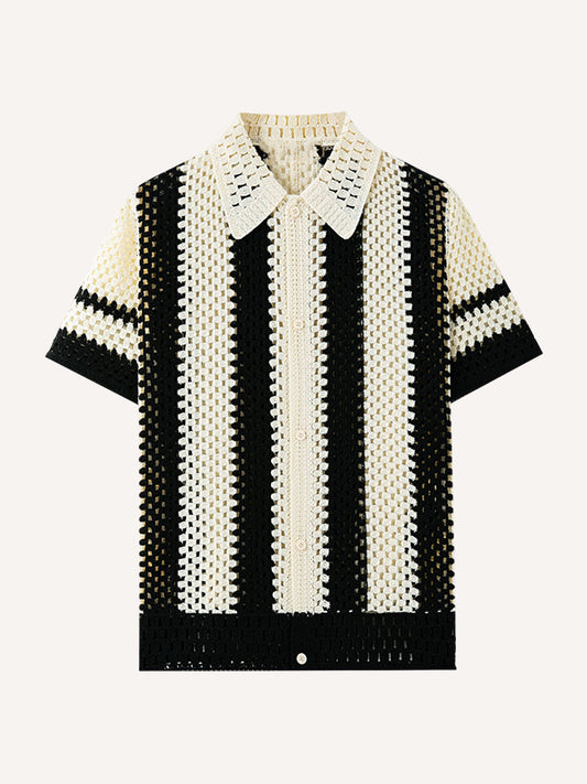Black & White Solid Color Knitted Lapel Casual Shirt for Summer, Real Shot