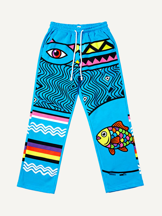 Cosmic Devouring Cat and Its Fish Print Textured Pants