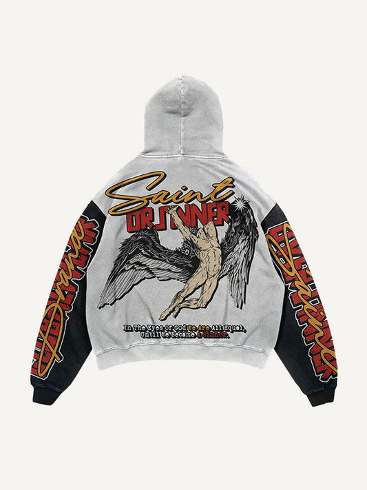 Kapuzenpullover mit Farbblock-Muster, Flügel- und Buchstaben-Print und schrägen Taschen