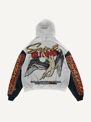 Colorblock Figure&Wing&Letter Print Slant Pockets Hoodie