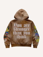 Distressed hooded double-patch sweatshirt